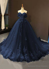 Ball Gown Off-the-Shoulder Sweep Train Tulle Prom Dresses With Appliqued